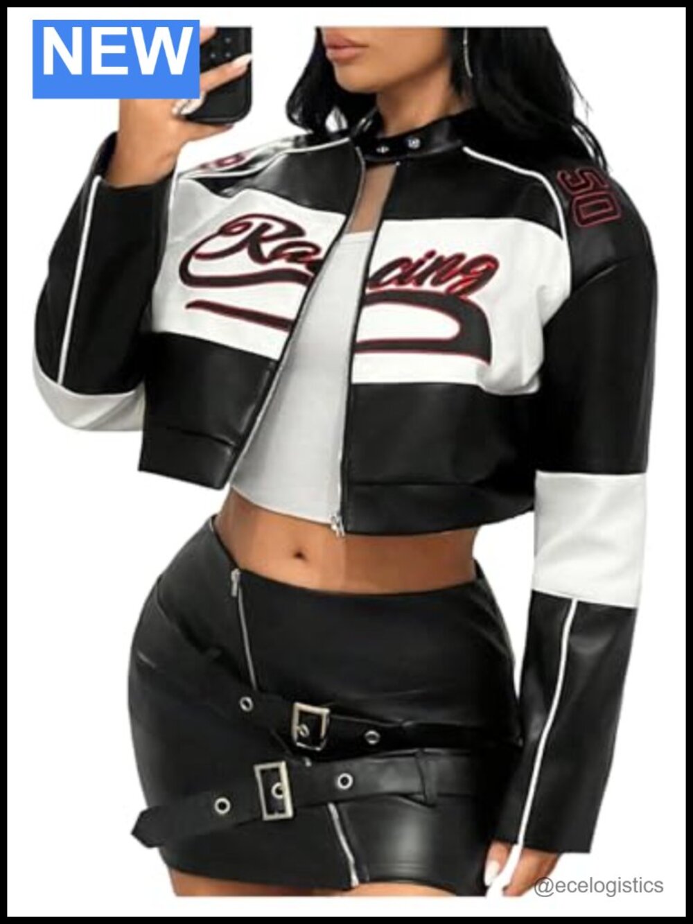 Women's Cropped Faux Leather Zip Up Graphic Jacket Streetwear
